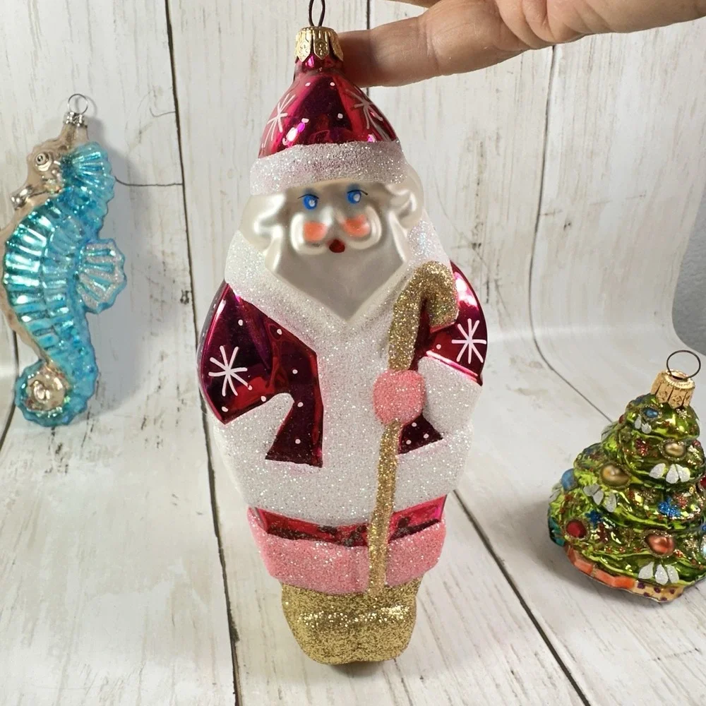Christmas‎ Ornaments Lot Pink  Santa, Tree, Blue Seahorse, Large Indent Brown